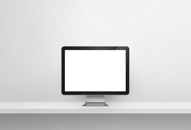 Computer pc - white concrete wall shelf banner. 3D Illustration