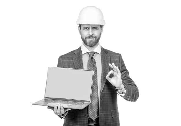 Computer presentation architect has video conference ok man in helmet demonstrating green screen modern wireless laptop advertisement of future building businessman presenting project success