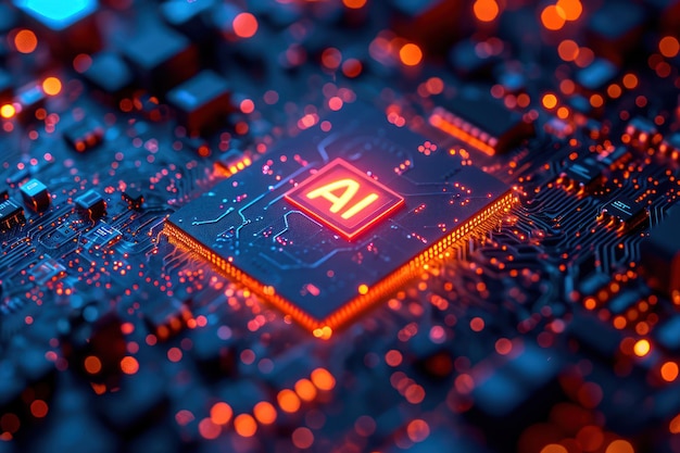 Computer Processor Microchip with AI Sign on a Glowing Circuit Board extreme closeup Generative AI