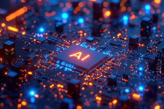 Computer Processor Microchip with AI Sign on a Glowing Circuit Board extreme closeup Generative AI