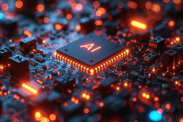 Computer Processor Microchip with AI Sign on a Glowing Circuit Board extreme closeup Generative AI