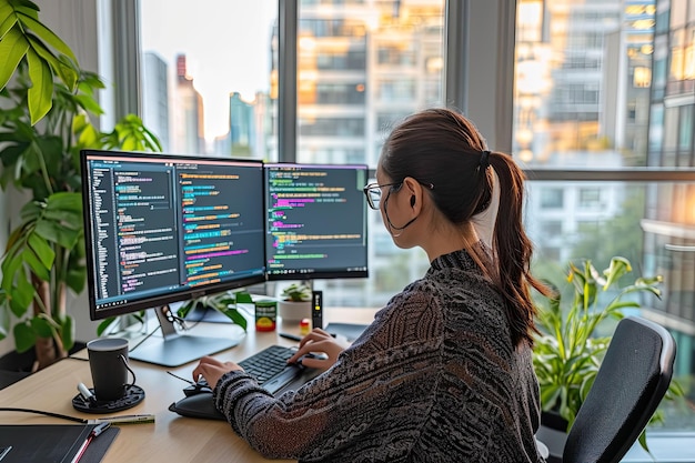 Computer Programmer Debugging Lines Of Code In A Chic Office