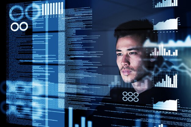 computer programmer and man with focus hologram and night with cyber security digital and software update male person employee and coder with data analysis future and website info with overlay
