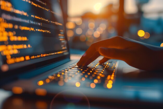 computer programmer software engineer coding on modern computer with data science software