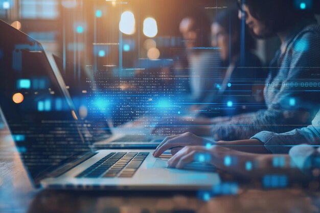computer programmer team using laptop data processing connecting with internet global network cloud