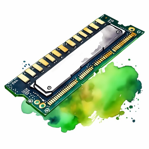 Photo computer ram with green blot watercolor hand painted isolated illustration on white background