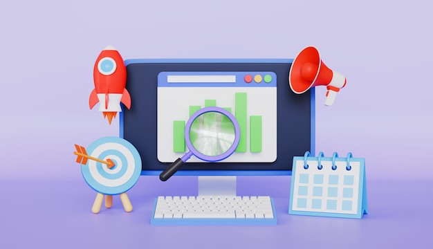 Computer and rocket with browser target paper airplane megaphone calendar web page magnifying