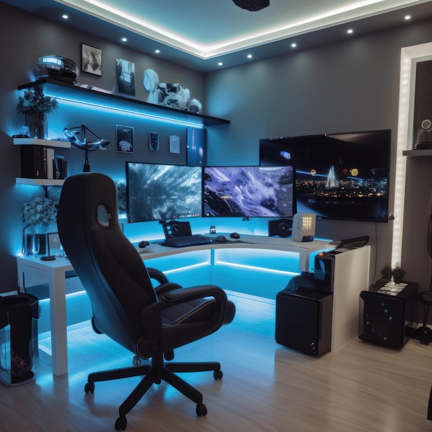 Photo a computer room with a black chair and a blue light that says 