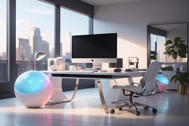 A computer room with a computer monitor and a keyboard