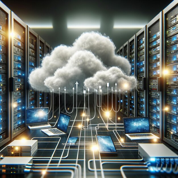 多くのコンピューターと頂上にあるクラウドを持つコンピュータルーム