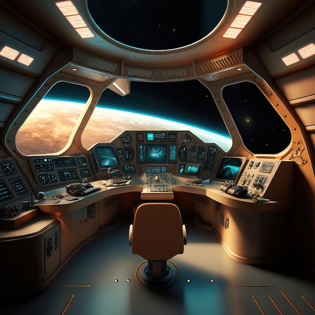 A computer room with a view of the planet mars.