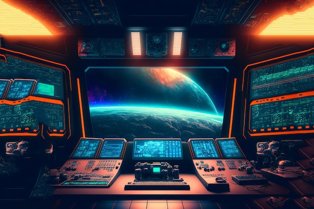 Компьютерный зал с видом на космос и планеты