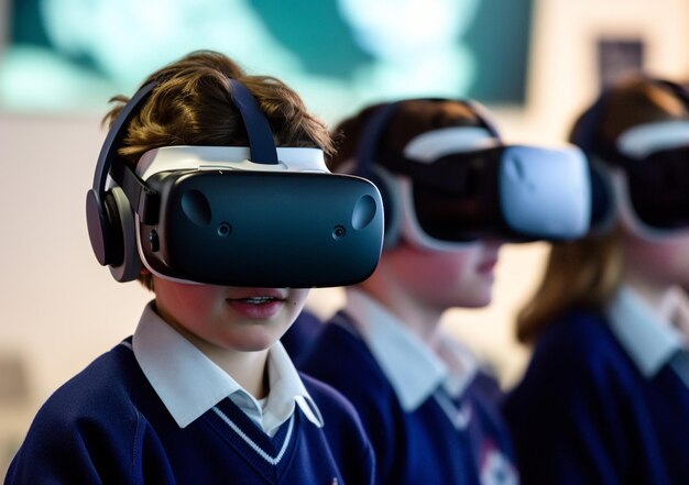 In a Computer Science Class boy Wearing Virtual Reality Headset Works on a Programing Project