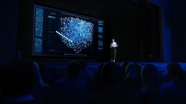 Computer Science Startup Conferentie Op het podium Spreker presenteert nieuwe producten Spreekt over neurale netwerken Toont nieuwe AI Big Data en Machine Learning App op Big Screen Live Event