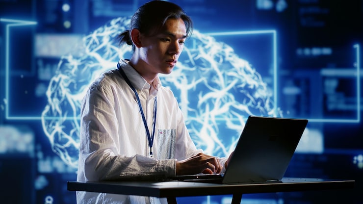 Photo computer scientist developing artificial intelligence neural networks architecture inspired by human brain. dilligent worker setting up ai machine learning algorithms in high tech startup