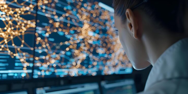 Photo 사무실에서 3d 데이터 시레이션으로 신경망을 연구하는 컴퓨터 과학자 엔지니어 개념 인공지능 컴퓨터 과학 신경망 3d 데이터시레이션 엔지니어링