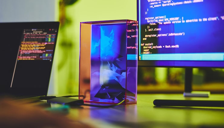 Photo computer screen code and desk with programming technology abstract with web design or cyber security with laptop coding it and software update neon and prism with safety against malware and ux