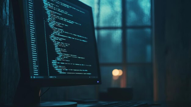 computer screen displaying lines of code in a dark room with soft lighting from a window ideal for cybersecurity programming and latenight coding themes