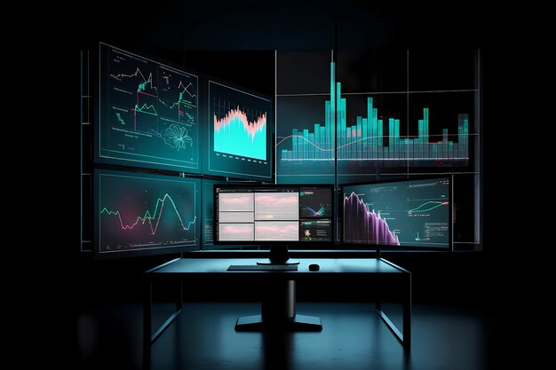 Computer screen displaying multiple financial reports and graphs and pie for business management