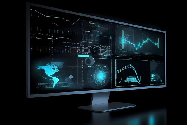 Computer screen displaying multiple financial reports and graphs and pie for business management