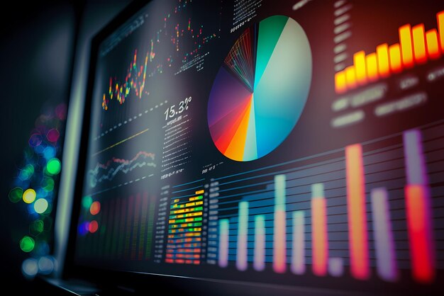 A computer screen displaying multiple financial reports graphs and pie for business management