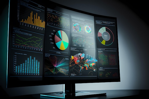 A computer screen displaying multiple financial reports graphs and pie for business management