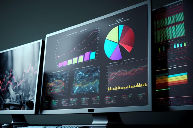 A computer screen displaying multiple financial reports graphs and pie for business management