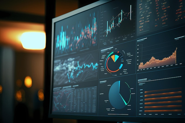 A computer screen displaying multiple financial reports graphs and pie for business management