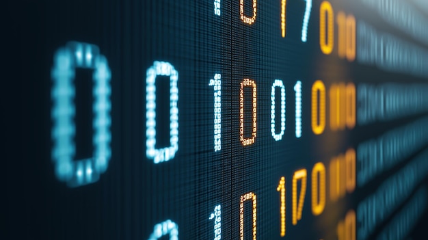 computer screen displays a series of binary numbers the numbers are arranged in a grid with some numbers being larger than others scene is one of complexity and order