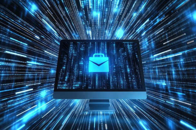 a computer screen features an open protection icon while glowing data streams create a dynamic digital backdrop generative ai
