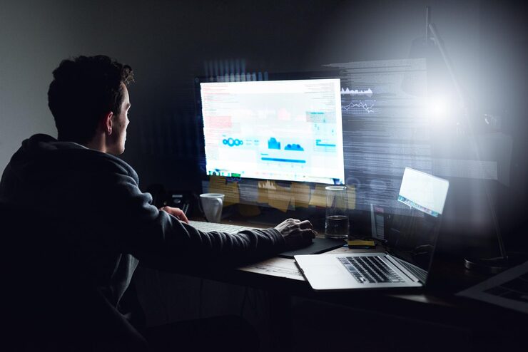 Photo computer screen hacking and man with programming overlay for firewall password and cybersecurity software data analysis and hacker with coding connectivity and network access for internet crime