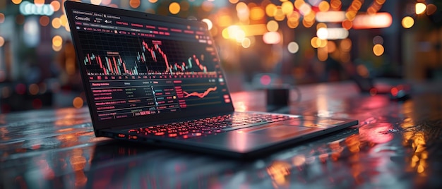 The computer screen has a graph of the stock market trading An isometric laptop is mounted on the desk with a web interface for financial services Fintech business technology is used to trade and