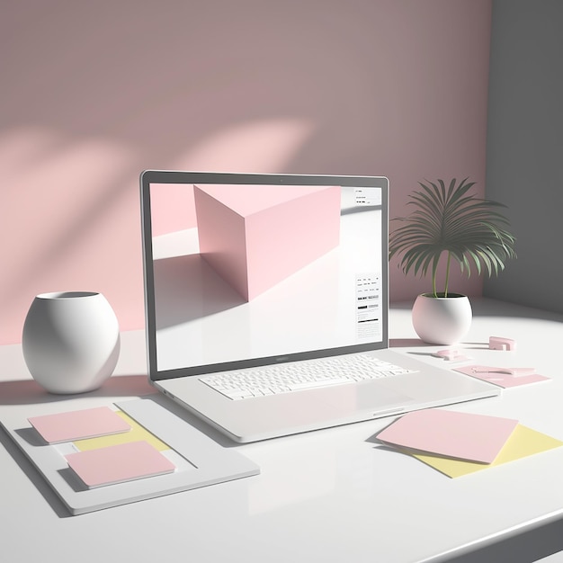 A computer screen is on a desk with a pink wall behind it.