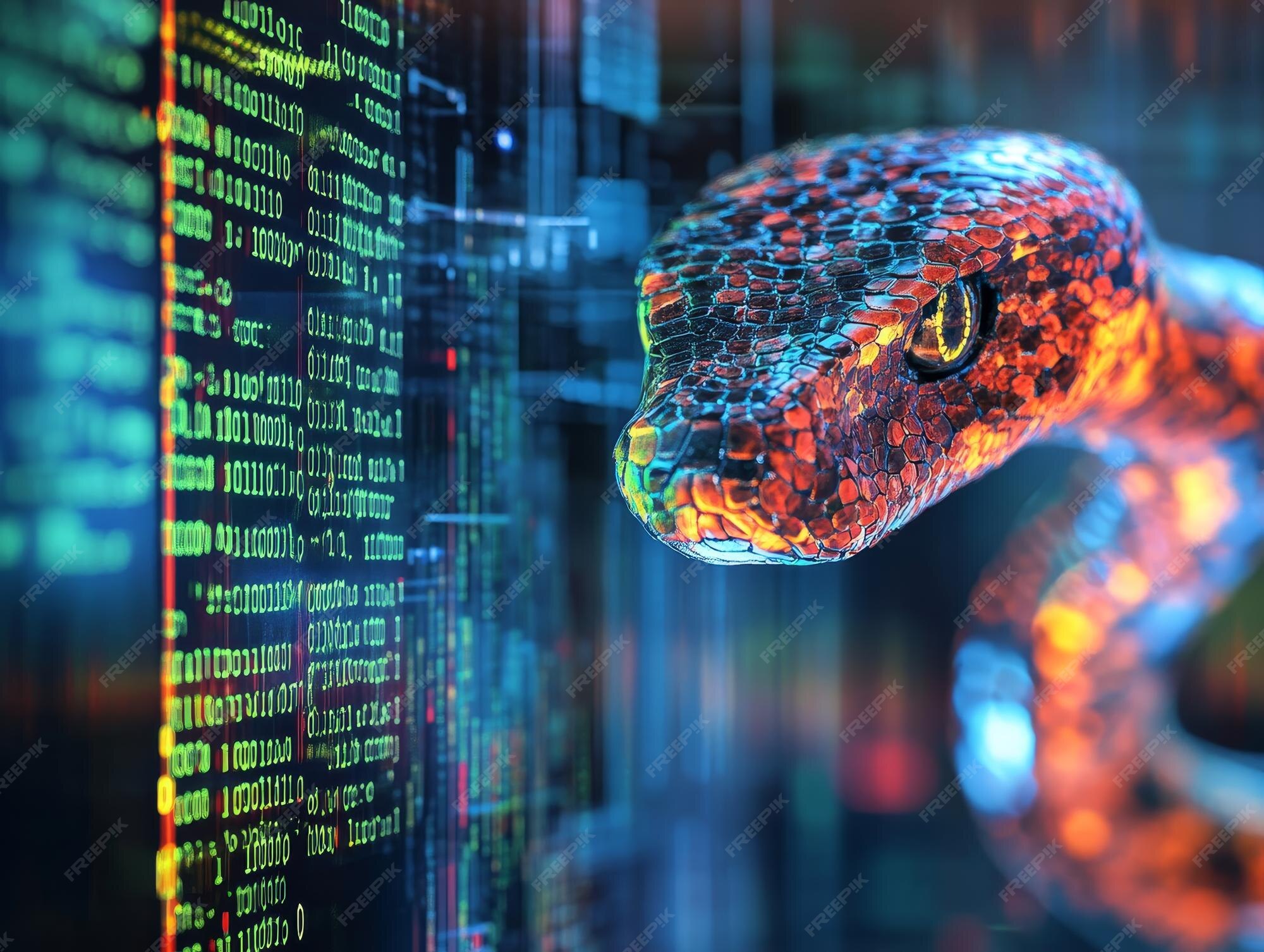 Computer screen showcasing python code with digital snake representing ...