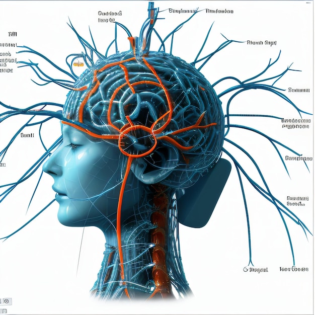 Photo a computer screen showing a diagram of a human head with a brain and nervous system in the center of