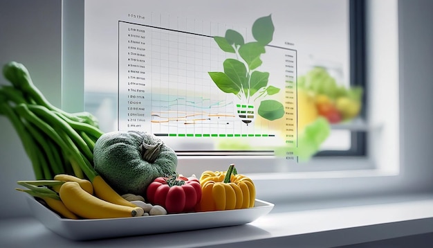 A computer screen shows a bunch of vegetables on it.