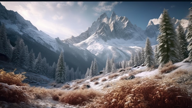 コンピューターの画面には、雪に覆われた山が背景に表示されます。