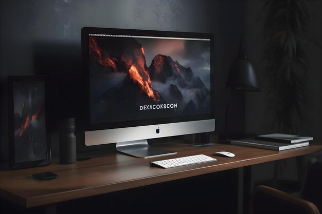 Computer screen with a burning mountain in the background 3d rendering