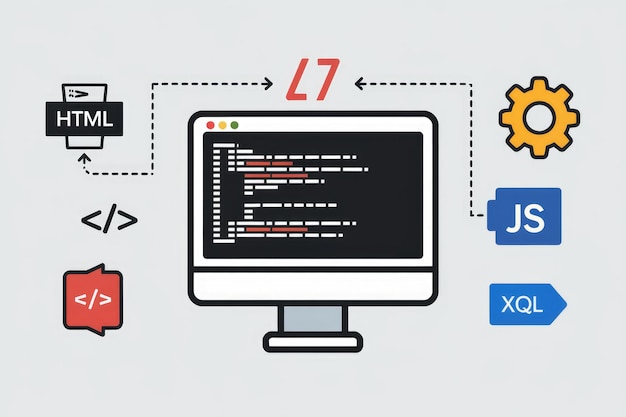a computer screen with code on it showing the connections between html css javascript and xql