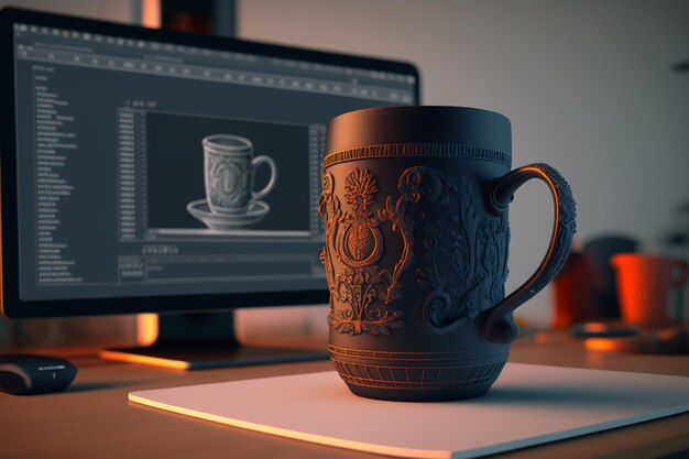 A computer screen with a mug on it that says'3d'on it