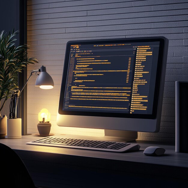 테이블 위에 프로그램 코드를 가진 컴퓨터 화면 프로그래밍 및 코딩 개념 3D 렌더링