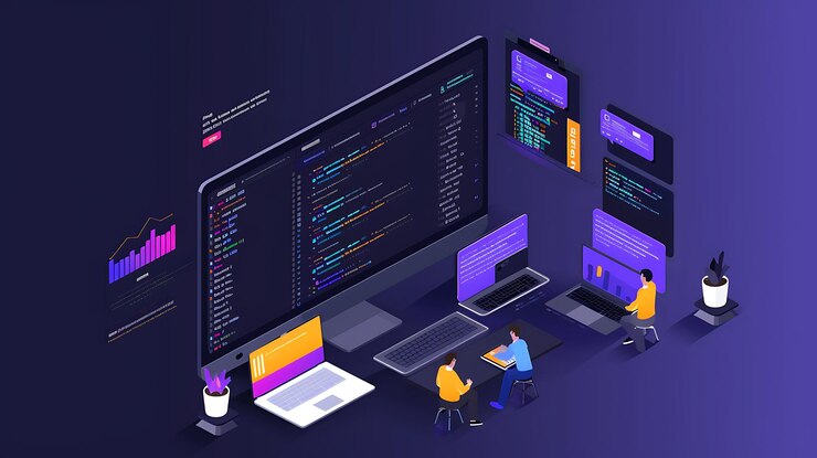 Photo a computer screen with a purple background and people working on laptops