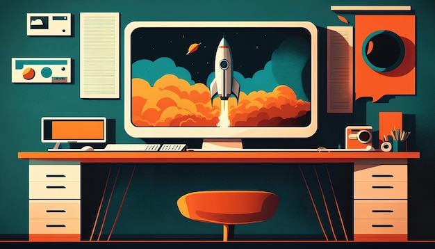 A computer screen with a rocket flying over it.