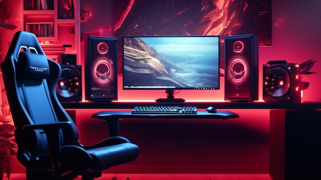 a computer screen with speakers and a keyboard on a desk.