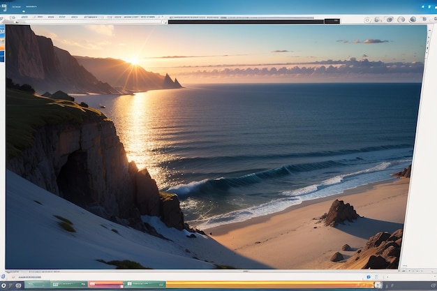 A computer screen with the sun setting on it