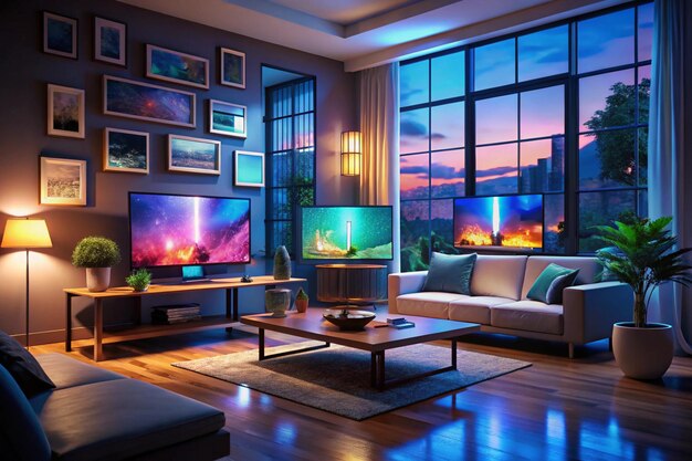 computer screens showing abstract animation rendering in dimly lit empty home interior 3d renders on digital displays in neon illuminated