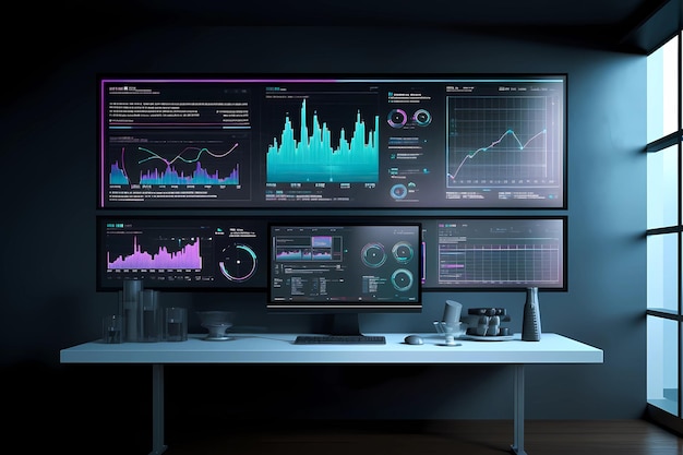 Computer screens showing data and graphs in a control room or high end office technology futuristic