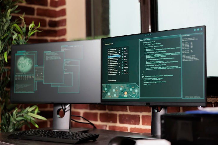Photo computer screens showing javascript code in empty it programming office, security system compiling data algorithms in background. artificial intelligence servers cloud computing in startup space.