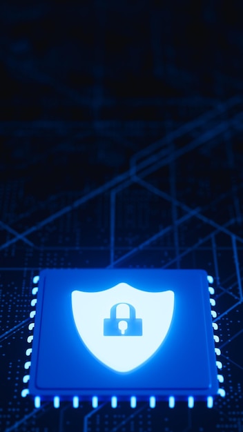 Foto processore di sicurezza informatica con scudo e lucchetto su scheda elettronica blu tema di sicurezza informatica