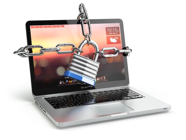 Computer security or safety concept. Laptop keyboard with lock and chain. 3d